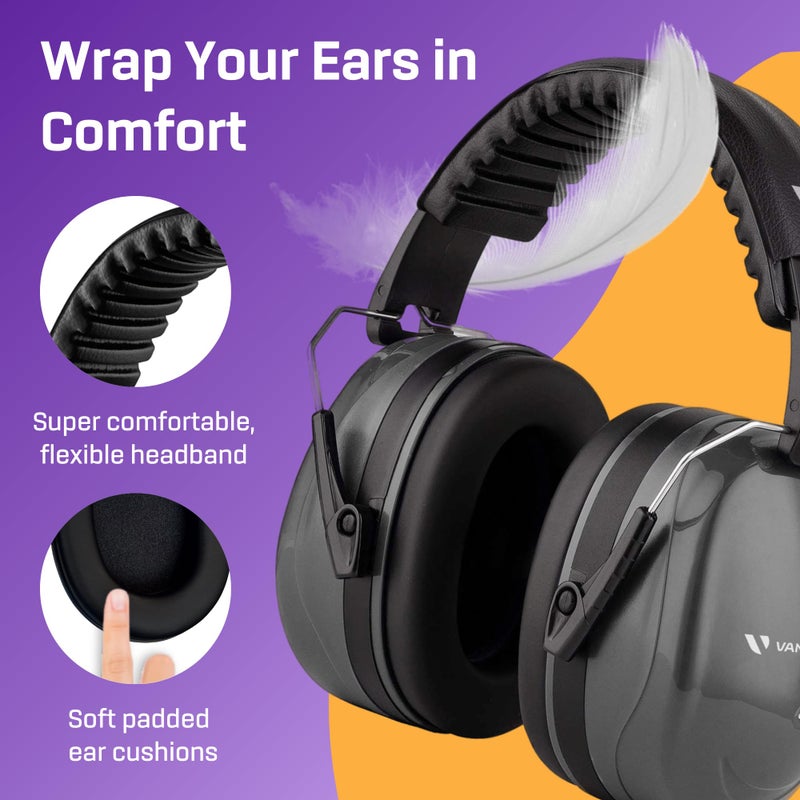 Vanderfields Premium Hearing Protection Ear Muffs - Broad Spectrum Sound Reduction 36.1dB at 2K Hz Noise Cancelling - Headset Safety Noise Cancellation - Headphones Adults and Teens - Gray Wolf - Image 4